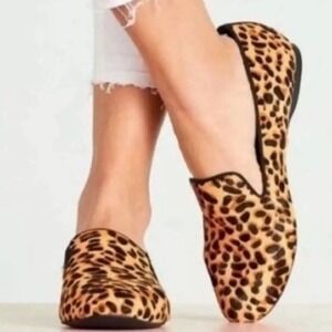 $165 BIRDIES Starling Leopard Print Calf Hair Smoking Slippers Driving Flats 8.5